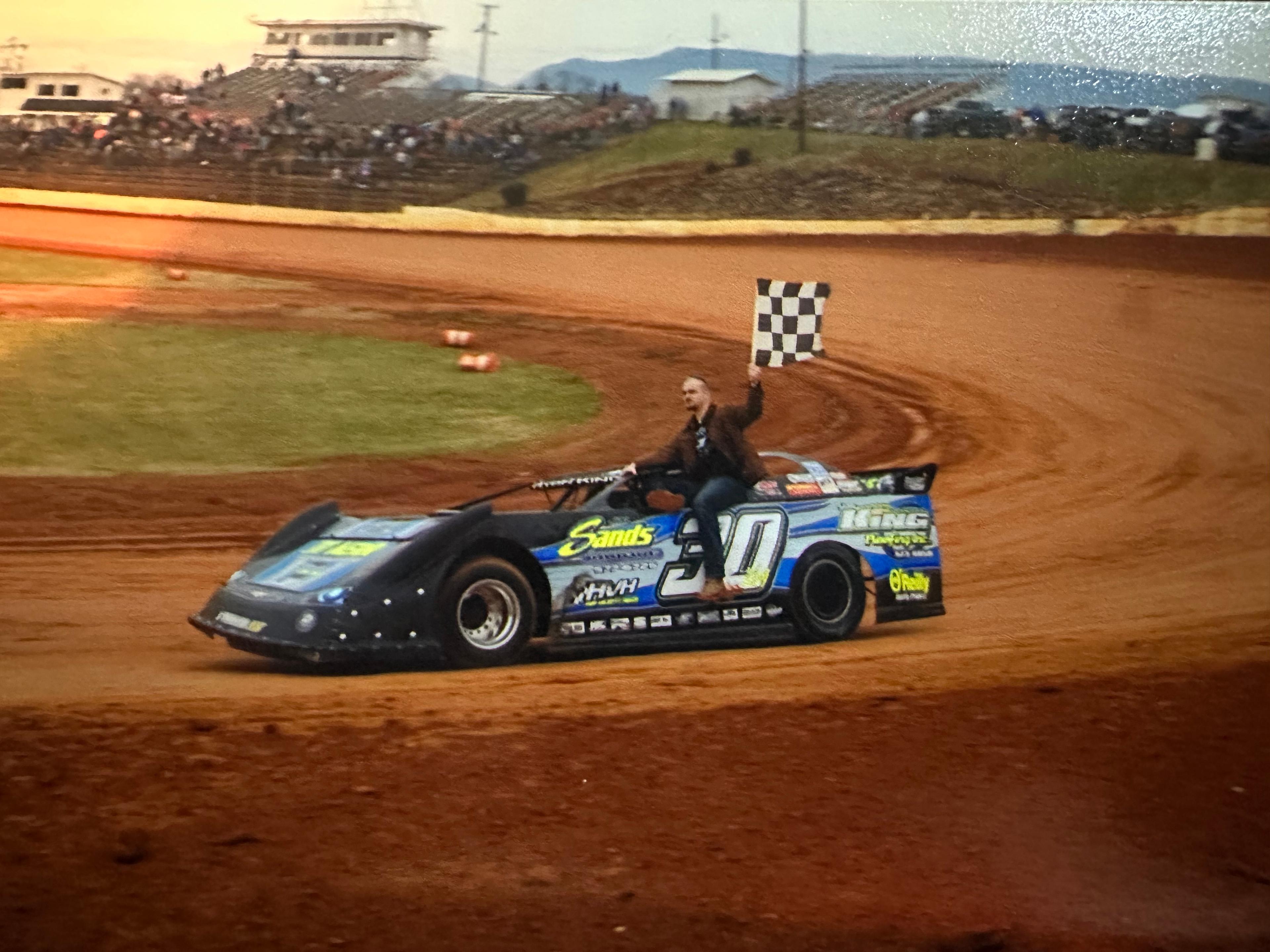 Sweetheart 52 win at 411 Motor Speedway in 2013 — first Scott Sexton Memorial Race, victory lap with Derek Sexton on the car